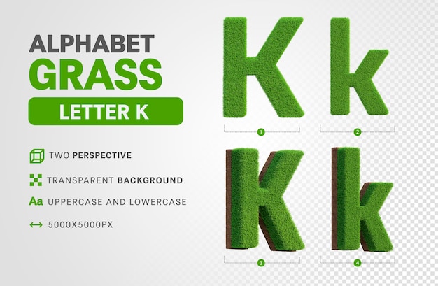 Letter k in grass alphabet in 3d render realistic