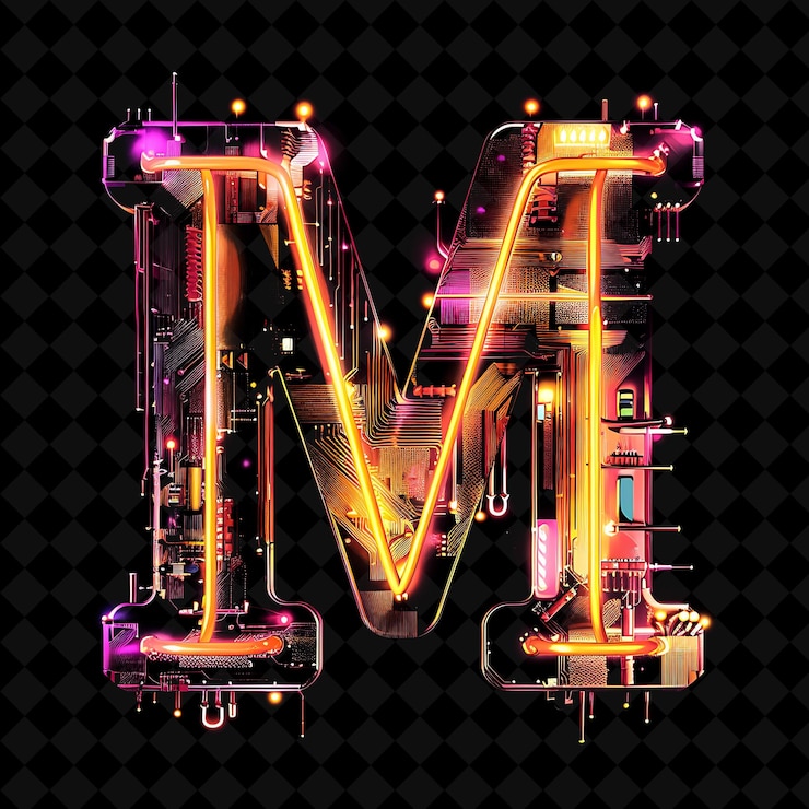 PSD letter m illuminated with neon light modules and integrated neon color y2k shape art collection