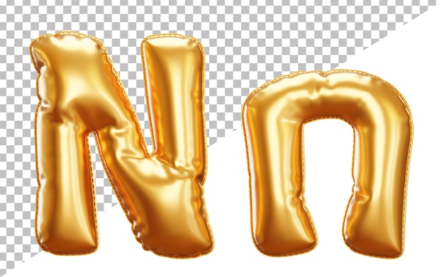 PSD letter n gold foil balloon alphabet in 3d style uppercase and lower case