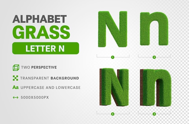 Letter N in grass alphabet in 3d render realistic