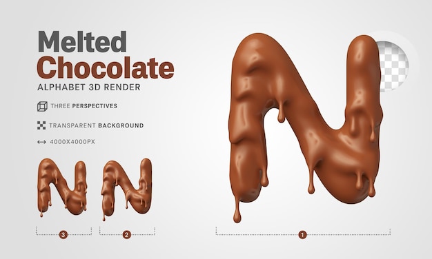 Lettera n nel rendering 3d di cioccolato fuso per composizioni pasquali