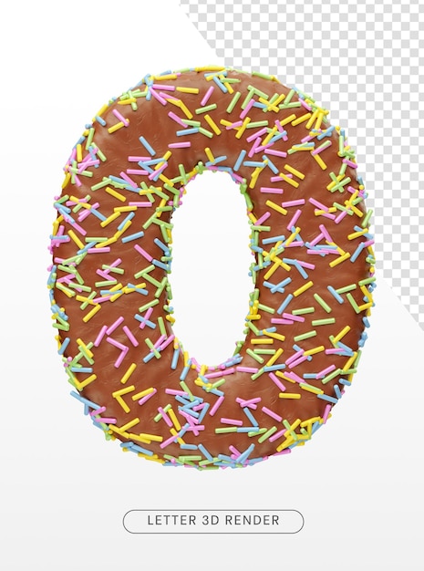 letter o with chocolate texture and colorful sprinkles on transparent background in 3d render