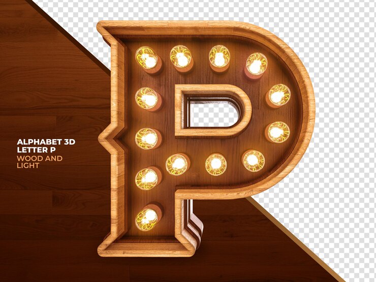 PSD letter p 3d render hout met realistische lichten
