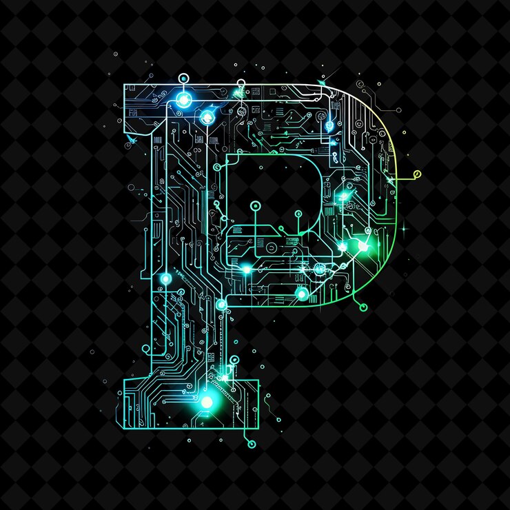 PSD letter p decorated with neon illuminated accents and circuit neon color y2k shape art collection