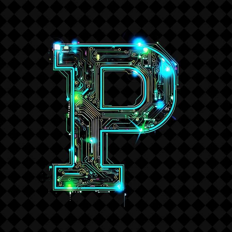 PSD letter p decorated with neon illuminated accents and circuit neon color y2k shape art collection