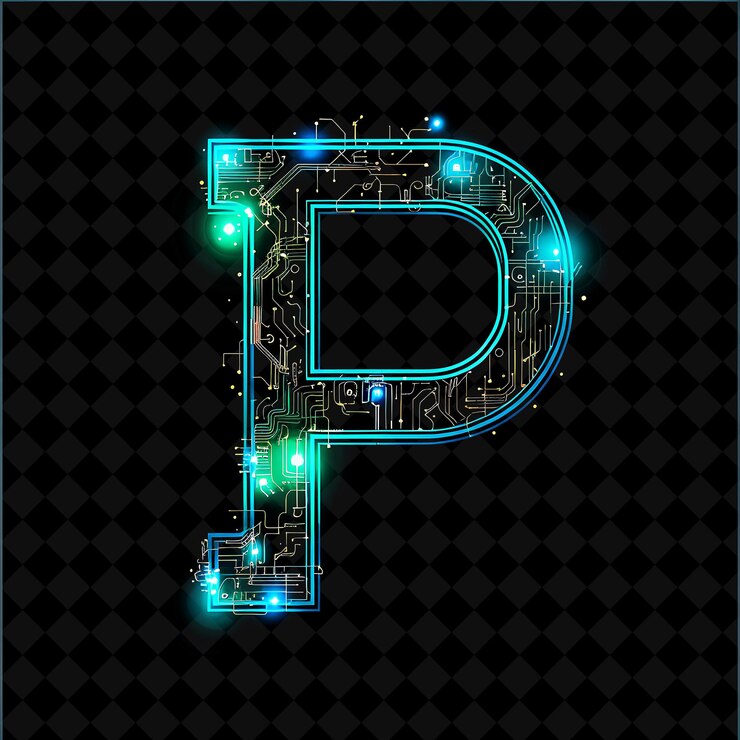 PSD letter p decorated with neon illuminated accents and circuit neon color y2k shape art collection