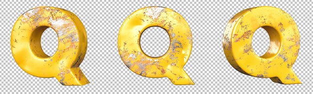 Letter q uit alfabet set metalen gele grunge letters. geïsoleerd. 3d-rendering