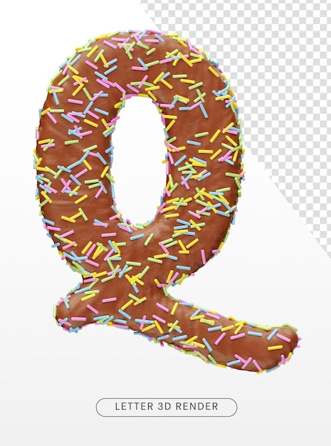 Letter q with chocolate texture and colorful sprinkles on transparent background in 3d render