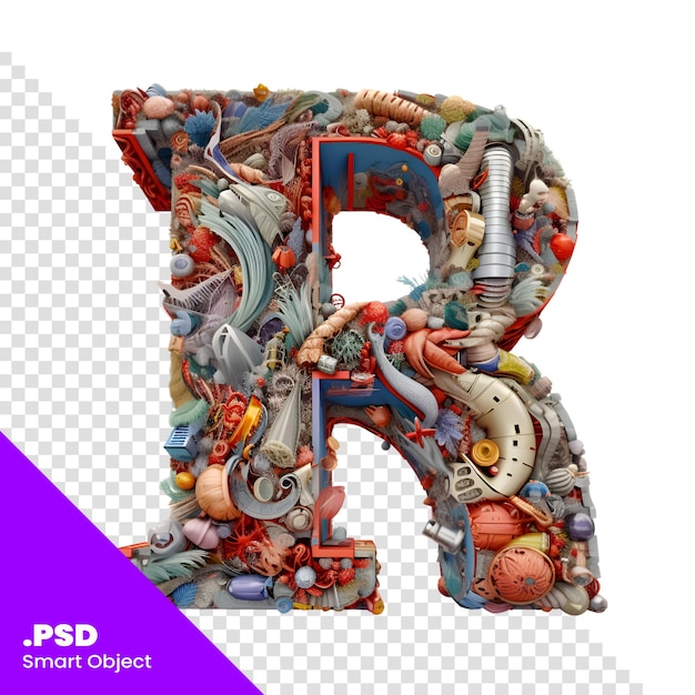 Letter r gemaakt van industriële afval 3d-rendering geïsoleerd op witte achtergrond psd-sjabloon