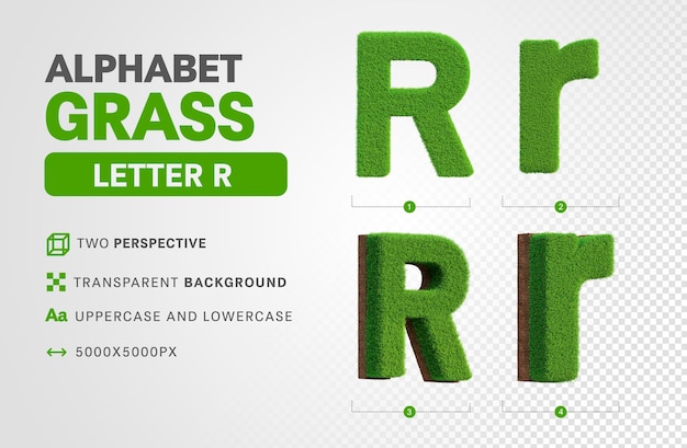 Letter r in grass alphabet in 3d render realistic