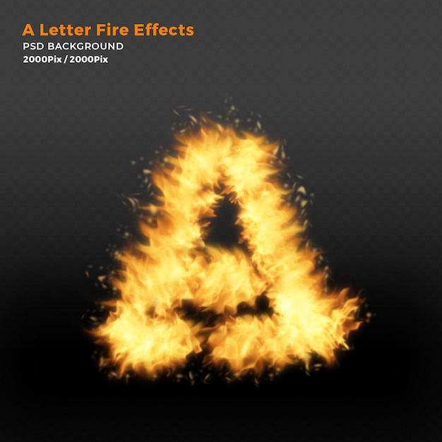 PSD letter a realistic fire flames on black background