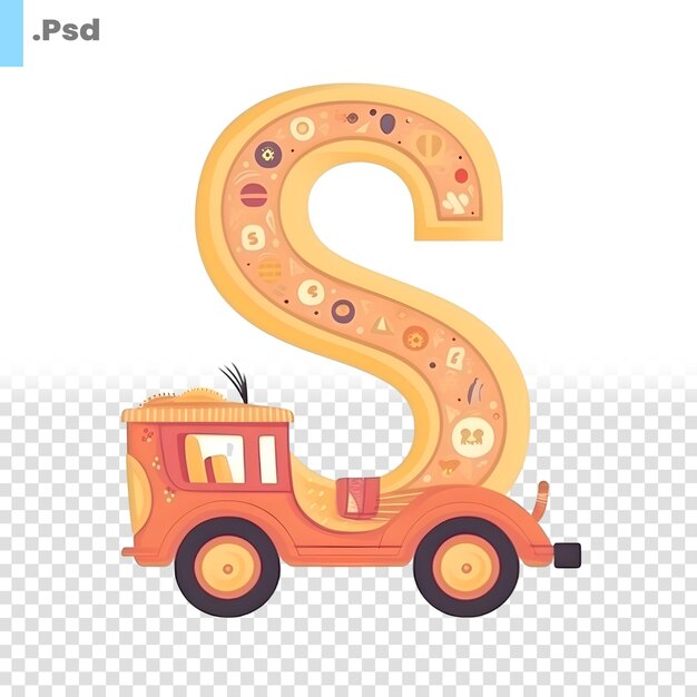 PSD Буква s в виде игрушечной машины алфавит для детей векторная иллюстрация psd шаблон
