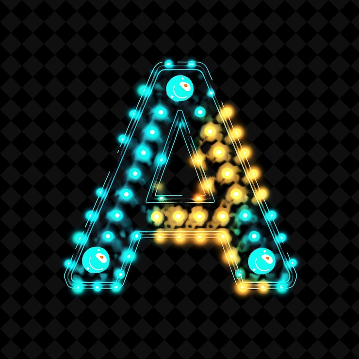 PSD letter a studded with neon glowing plastic dots with antique neon color y2k typo art collections