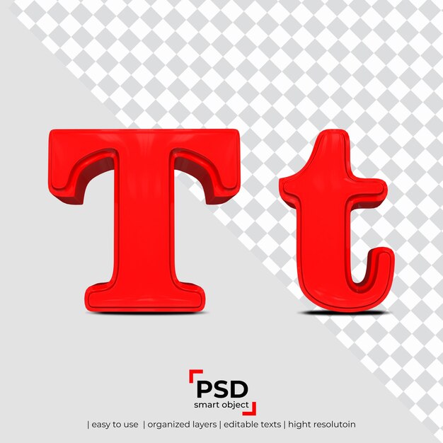 PSD letter t 3d font made of realistic 3d transparent background