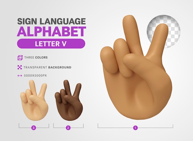 PSD letter v in american language sign alphabet 3d render cartoon