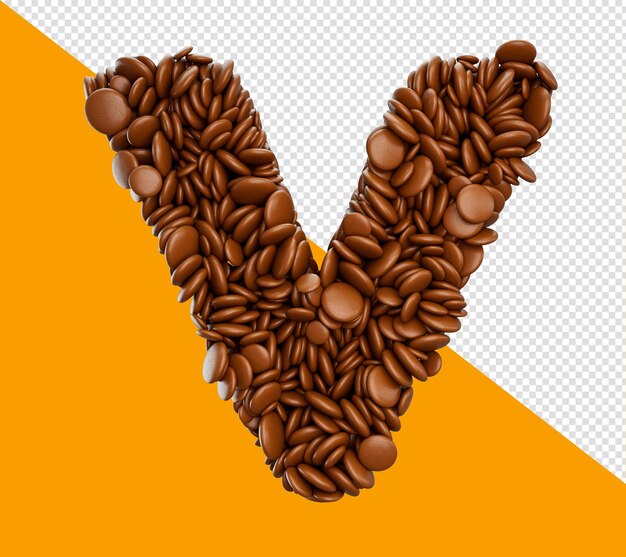 Letter v made of chocolate coated beans chocolate candies alphabet word v 3d illustration