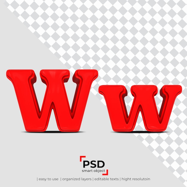 PSD letter w 3d-lettertype gemaakt van realistische 3d-transparante achtergrond