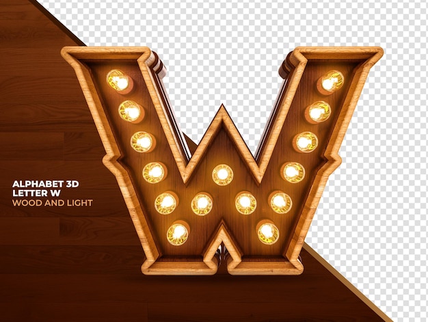 Letter w 3d render wood with realistic lights