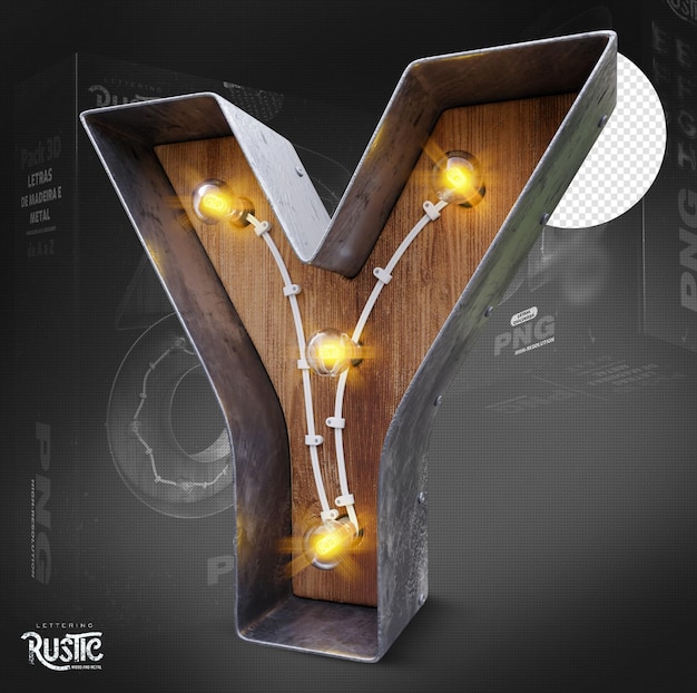 Letter y 3d in metal and wood with lights on