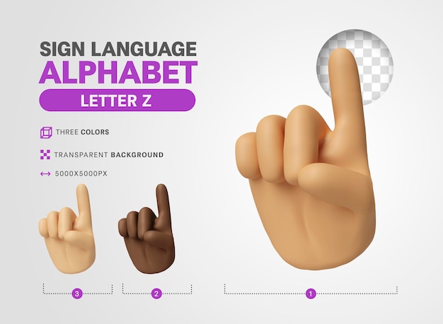 Letter z in american language sign alphabet 3d render cartoon