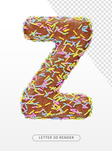 PSD letter z with chocolate texture and colorful sprinkles on transparent background in 3d render