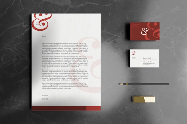 Letterhead a4 document with business card and stationery mockup in marble floor