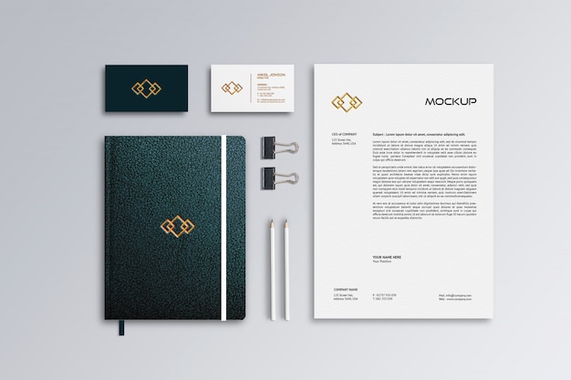 Letterhead, business card & leather notebook mockup