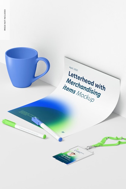 Letterhead and Merchandising Items Mockup, Perspective View