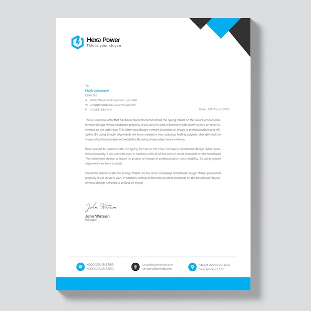 PSD letterhead mockup with blue and black shapes