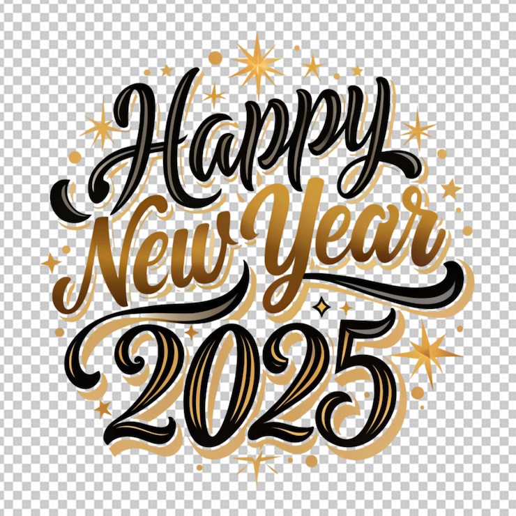PSD lettering happy new year 2025 on transparent background