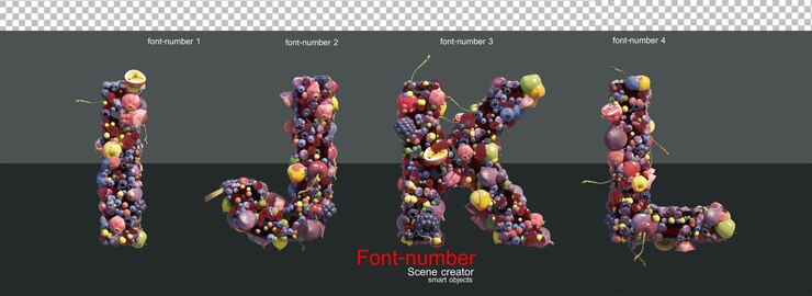 PSD letters and numbers are decorated with various fruits.