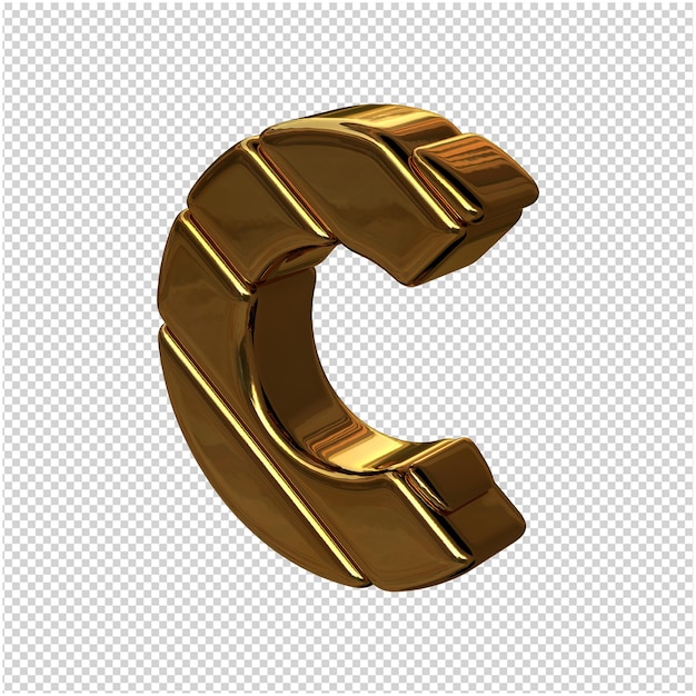 Letters made of gold bars turned to the left on a transparent background. 3d capital letter C