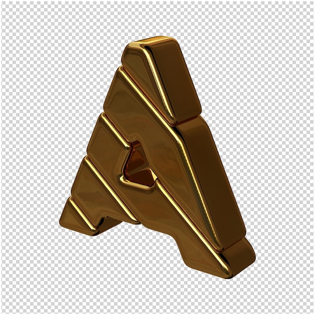 Letters made of gold bars turned to the left on a transparent background. 3d capital letter a