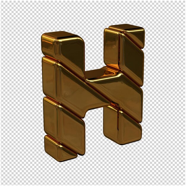 Lettere fatte di lingotti d'oro girate a destra su uno sfondo trasparente. 3d maiuscola h