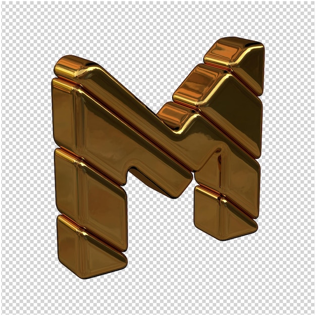 Letters made of gold bars turned to the right on a transparent background. 3d capital letter M