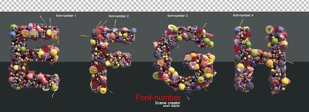 PSD lettere e numeri sono decorati con vari frutti.