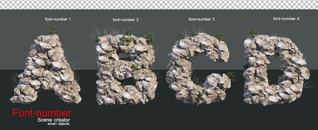 Lettertypen en cijferslettertypen en cijfers versierd met bloemenberen gevormd door stenen
