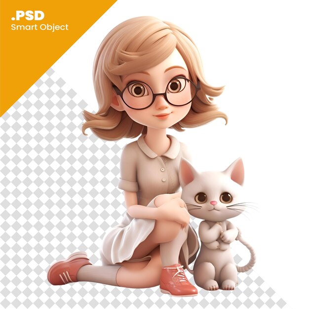 PSD leuk klein meisje met een kat op een witte achtergrond 3d rendering psd sjabloon