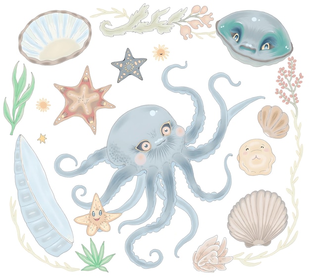 Leuke aquarelillustratie van verschillende zeedieren en elementen