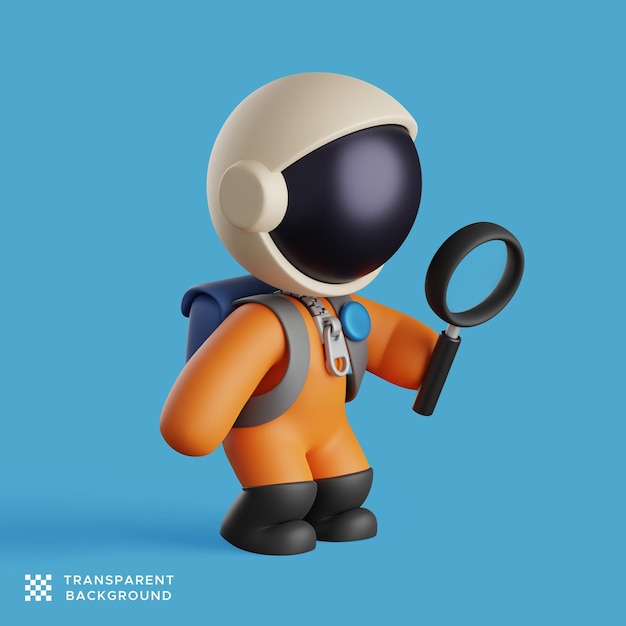 Leuke astronaut houdt een vergrootglas vast en doet onderzoek. 3D render illustratie
