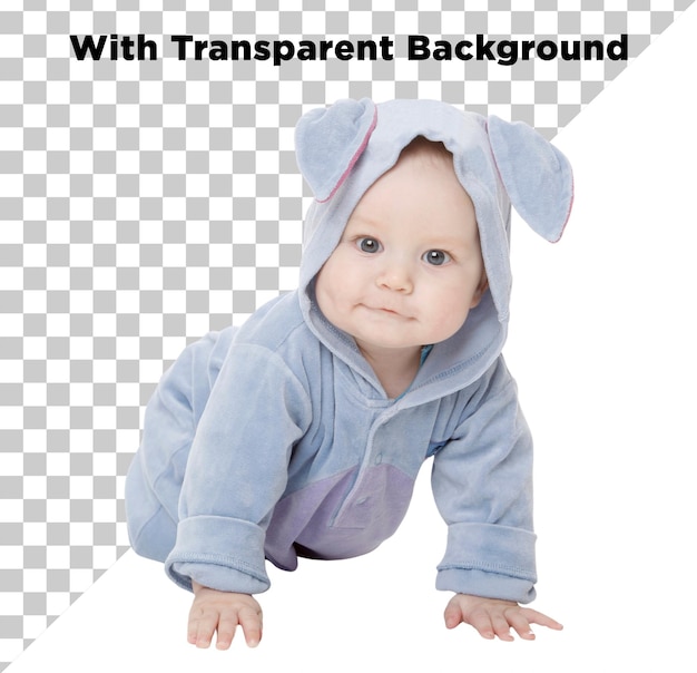 Leuke baby in een konijnenpak die op de vloer kruipt PNG PSD geïsoleerd op een doorzichtige achtergrond