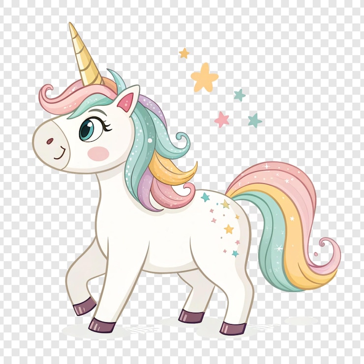 PSD leuke cartoon eenhoorn met regenboogmanen en staart