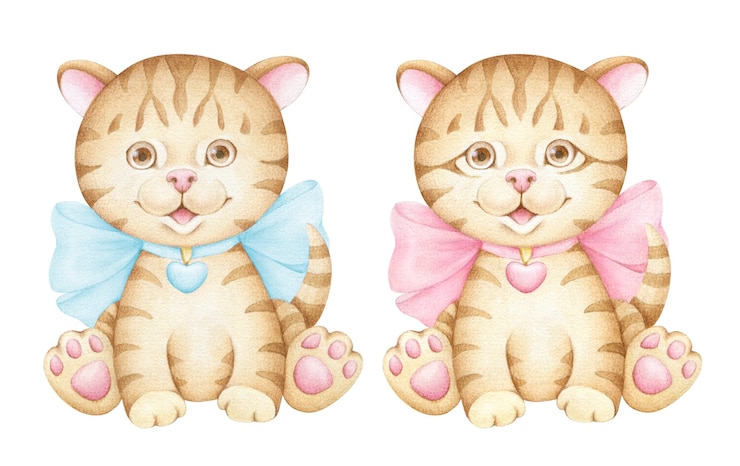 PSD leuke cartoon kittens waterverf illustratie jongen en meisje