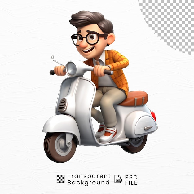 Leuke cartoon personage man op een scooter png transparante achtergrond