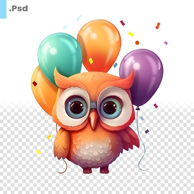 PSD leuke cartoon uil met kleurrijke ballonnen en confetti vector illustratie psd sjabloon