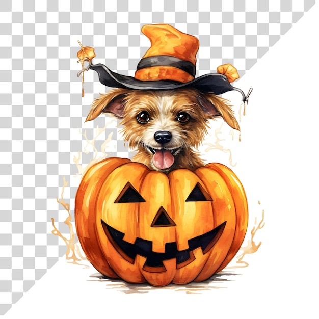 PSD leuke cartoon waterverf halloween hond met een pompoen op een doorzichtige achtergrond