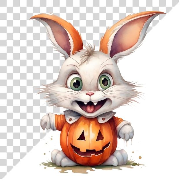 PSD leuke cartoon waterverf halloween konijn met een pompoen op een doorzichtige achtergrond