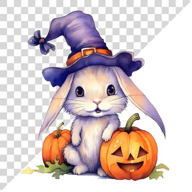 PSD leuke cartoon waterverf halloween konijn met een pompoen op een doorzichtige achtergrond