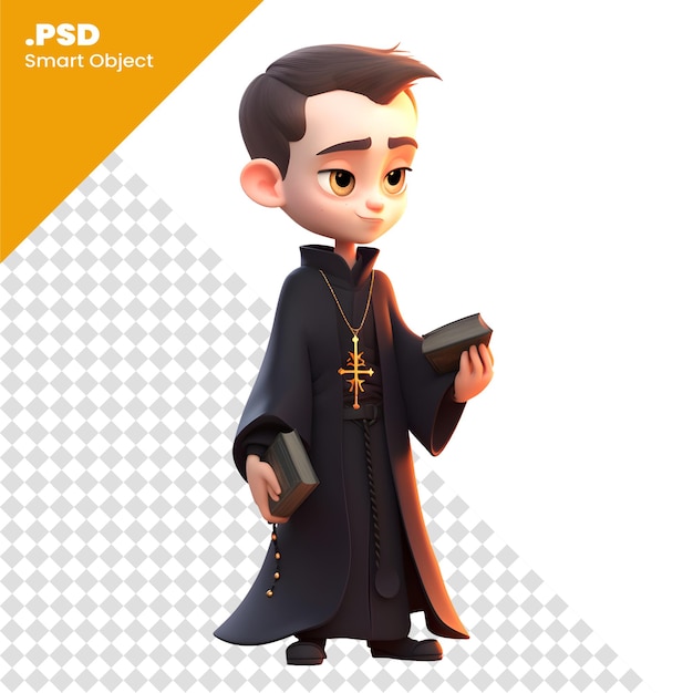 PSD leuke cartoonpriester met een bijbel in zijn hand 3d-rendering psd-sjabloon