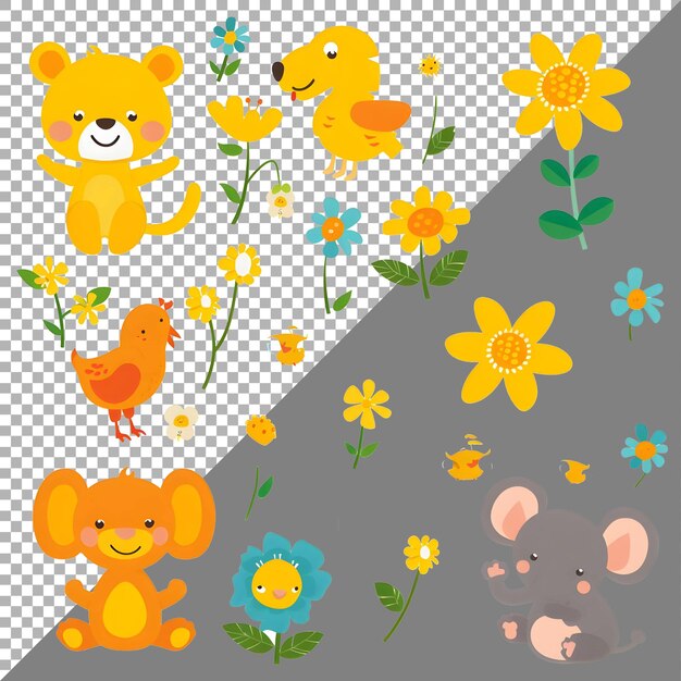 PSD leuke dieren met daisy bloemen sticker stijl op transparante achtergrond ai gegenereerd